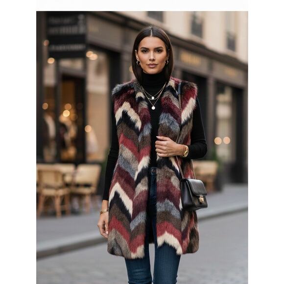 Joseph A Size L Y2K Chevron Print Faux Fur Warm Open Front Vest Aspen Chic - Picture 1 of 9